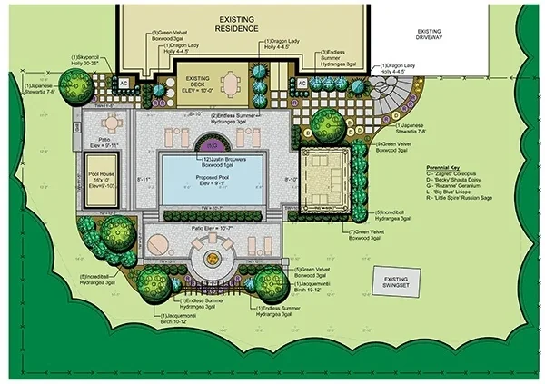 Landscape design plan with a pool and outdoor living areas