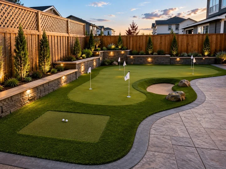 Putting green, paver walkway and raised retaining wall