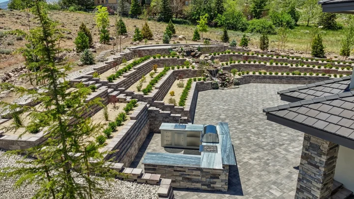 Aerial view of a terraced landscape with retaining walls